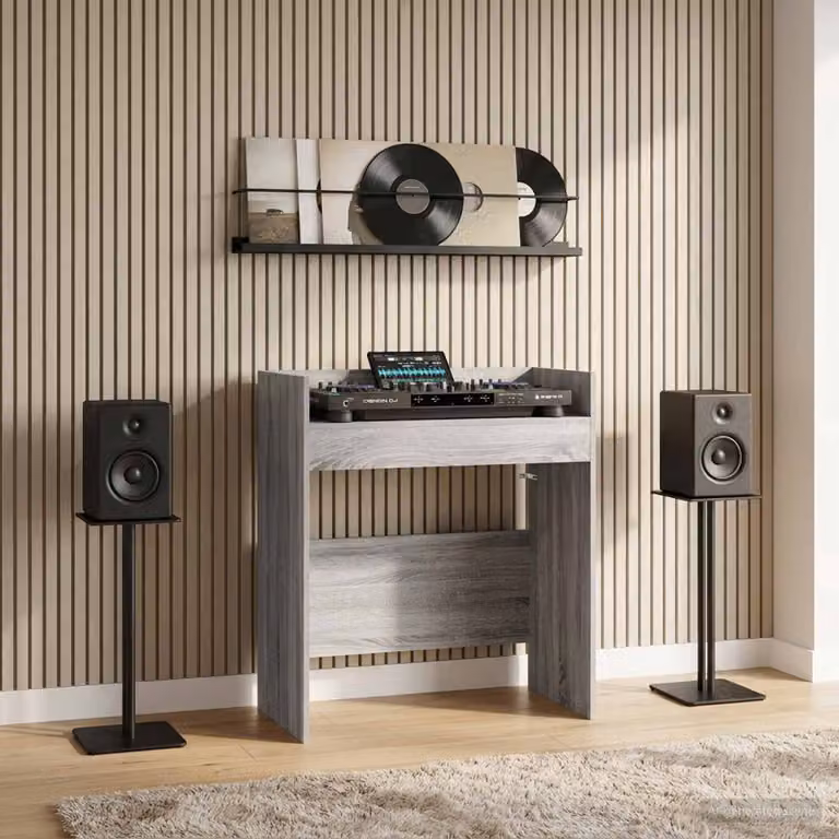 vidaXL Tavolo DJ moderno in legno ingegnerizzato grigio L: 102 cm, P: 45 cm, H: 102 cm