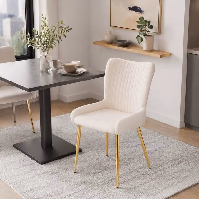 Set di 6 sedie da pranzo in velluto beige con gambe in metallo dorato