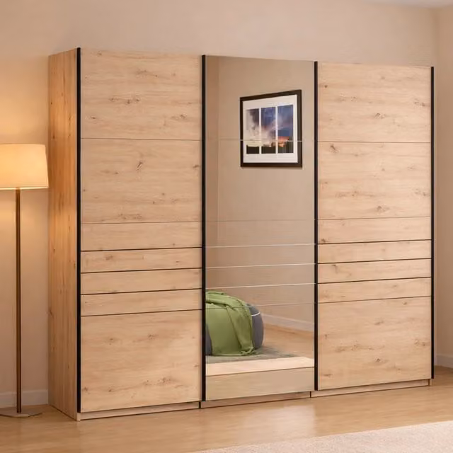 Armadio da camera da letto DMORA con ante scorrevoli, modello moderno in finitura rovere marrone opaco, L: 267 cm, H: 217 cm – 1