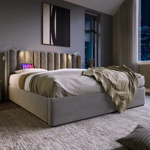 Letto imbottito 160x200 cm con luce da lettura e 2 USB; velluto; grigio (Senza materasso)
