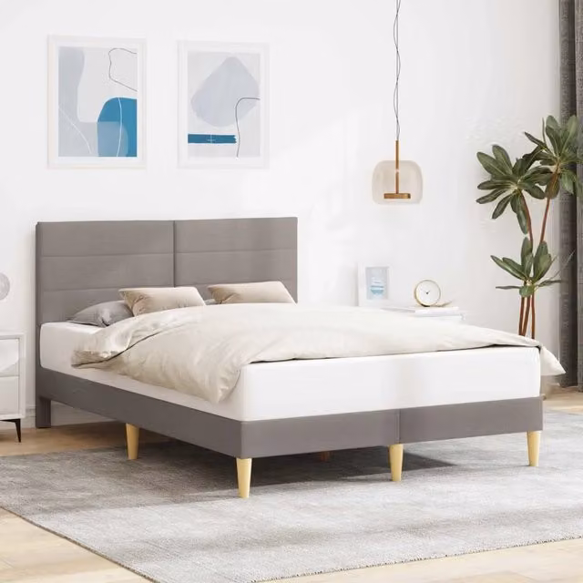 Struttura letto con testiera e giroletto in tessuto moderno beige e grigio L/P/H: 200 x 120 x 96 cm
