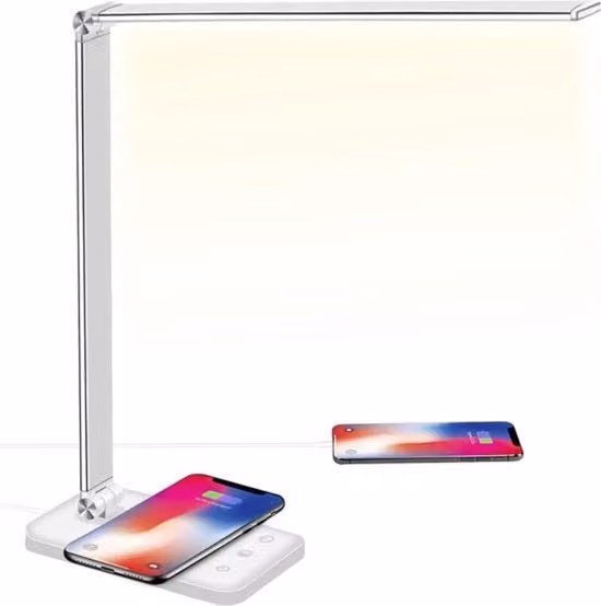 Lampada da tavolo LED moderna in metallo bianca con luminosità regolabile per ufficio e casa