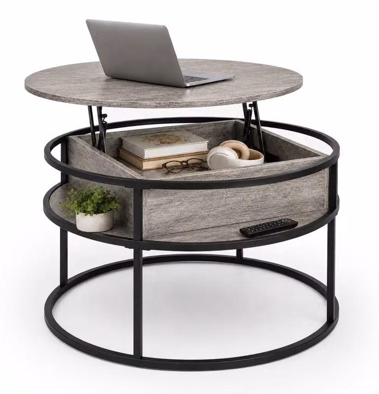 Tavolino Relaxdays con spazio contenitivo, dimensioni (altezza x diametro): 47x80 cm, con piano sollevabile, realizzato in MDF e metallo, tavolino rotondo per divano, tavolino da salotto, color marrone chiaro/nero