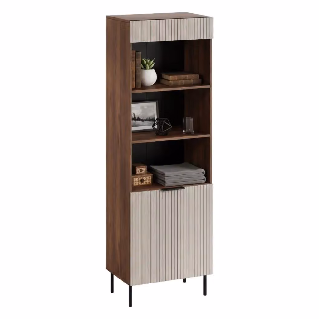 Libreria Agri DMORA con vani aperti e anta, Design moderno e minimale, L 185 cm x P 42 cm x H 60 cm, Noce e Beige – 2