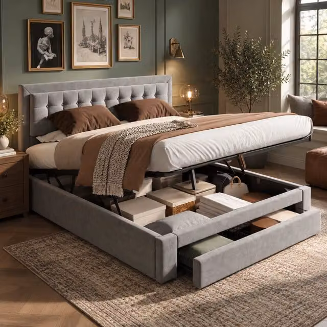 Letto contenitore imbottito 160 x 200 cm; letto matrimoniale con cassetti; ampio spazio contenitore; rete a doghe; velluto; grigio