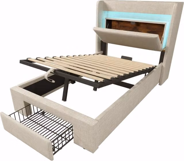 Letto imbottito beige 90x200 cm con materasso, contenitore idraulico, testiera con vano portaoggetti, illuminazione LED e porte USB/USB-C