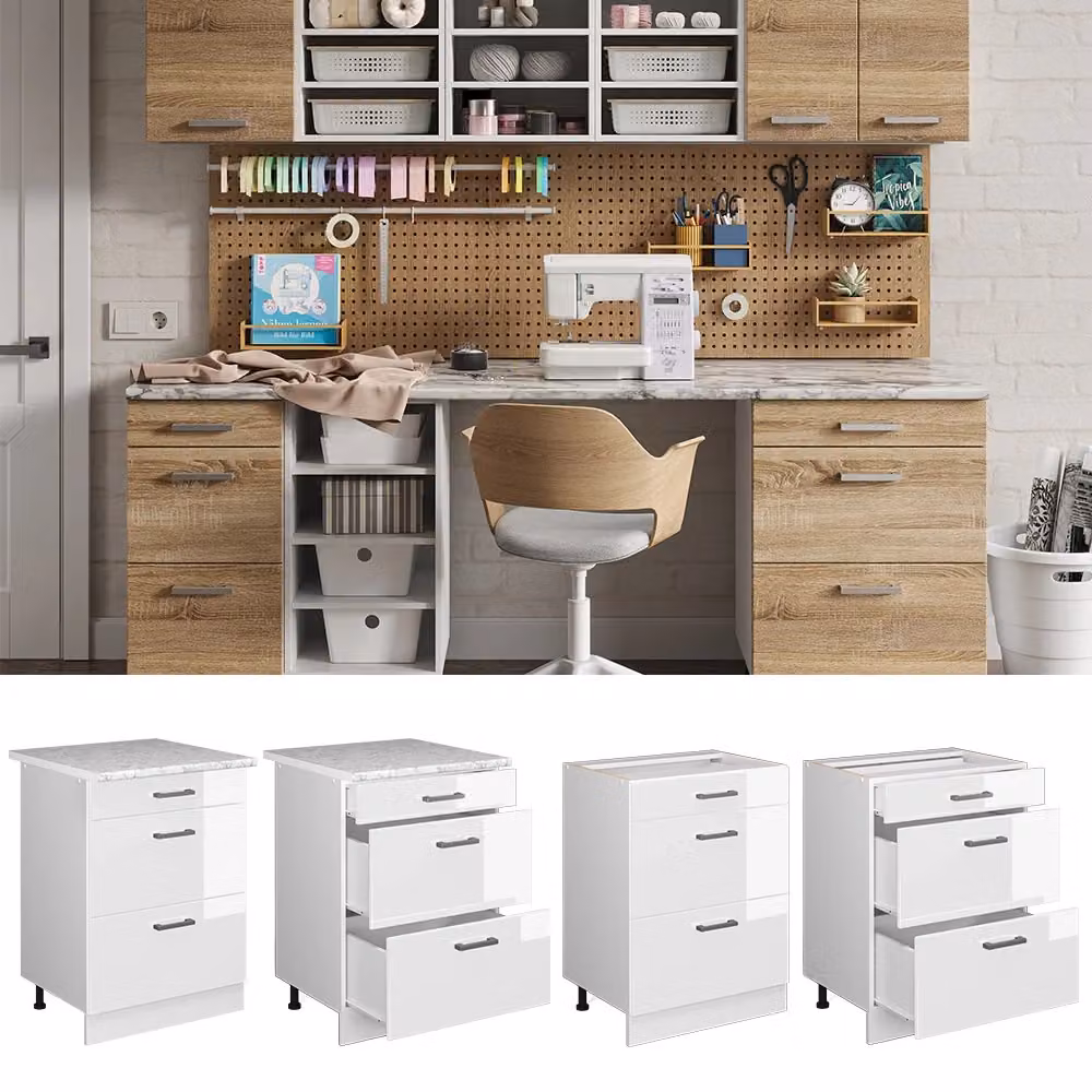 Base universale R-Line Vicco Bianco lucido con cassetti, senza piano di lavoro, L: 60 cm – 2