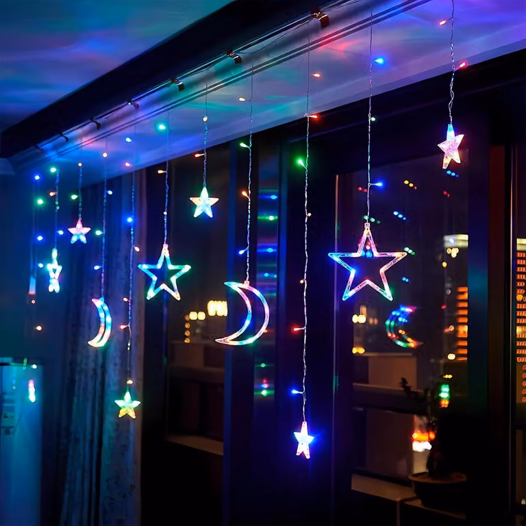 Stelle di luna LED, tenda luminosa per interni 8 modalità, luci natalizie colorate, decorazione natalizia per finestra