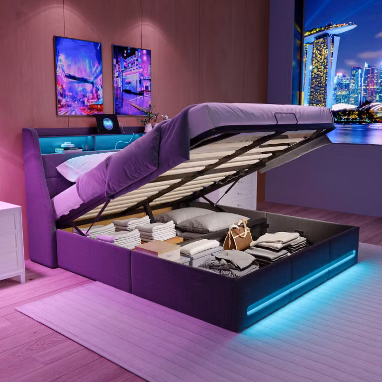 Letto imbottito Fortuna Lai 160x200cm con USB, letto giovanile letto matrimoniale con rete a doghe e contenitore, letto contenitore con LED, lino, grigio