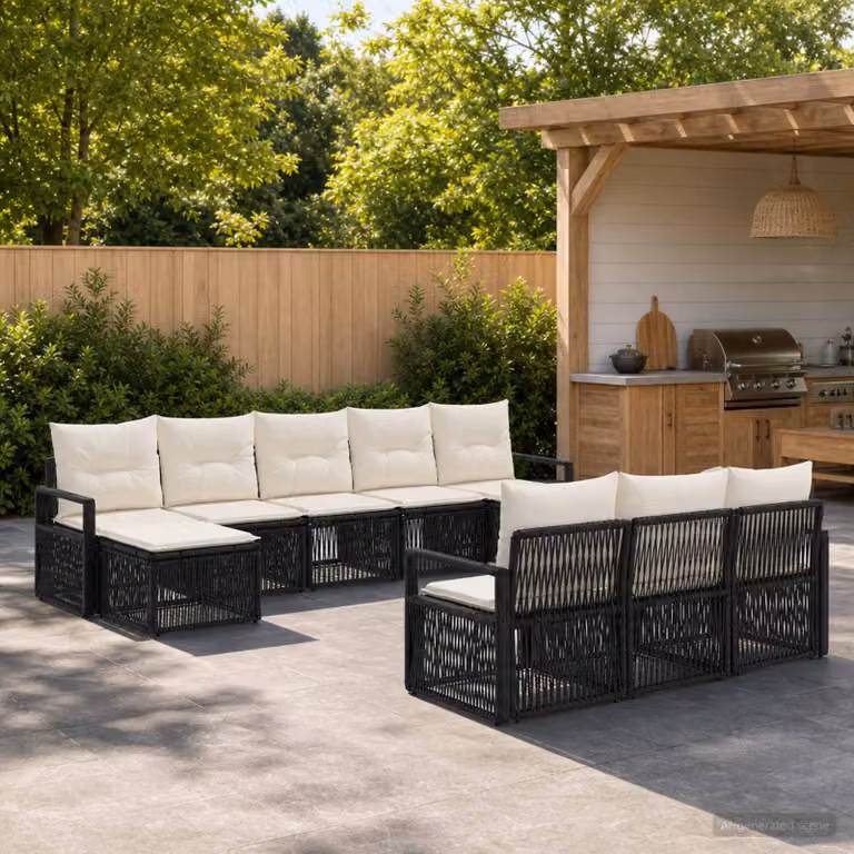 Set Divano da Giardino vidaXL 10 Pezzi a Forma di U in Polyrattan Nero con Cuscini e Struttura in Acciaio