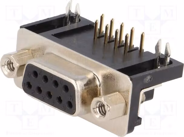 1x Connettore D-Sub, 9 pin, angolo retto, zoccolo per montaggio a traversa (THT), femmina. Modello: DS1037-01-09FNAKSI74. Connettore D-Sub