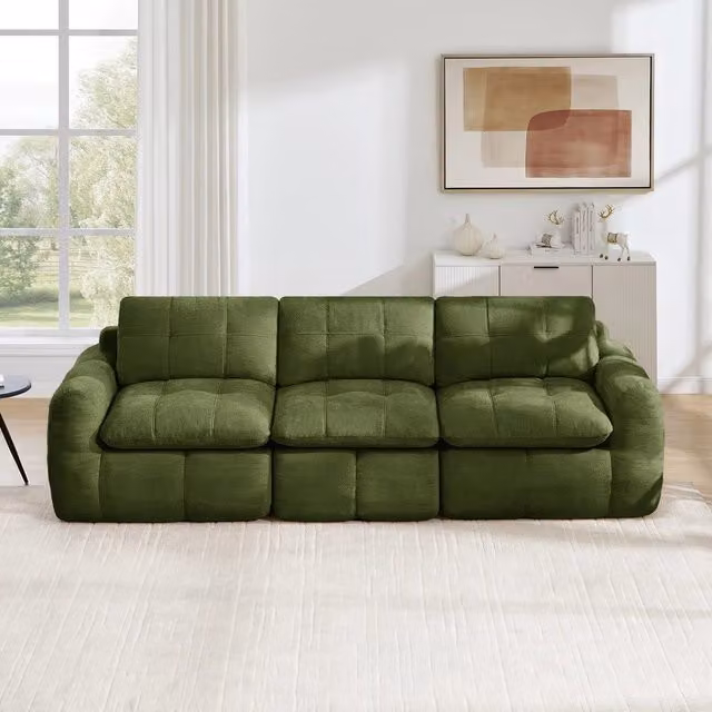 Divano 3 posti ¨C Minimal ¨C verde tessuto chenille cuscini imbottito senza montaggio