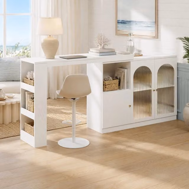 Desviae Mobile bar girevole a 360° con ante in vetro e vani aperti in MDF bianco per cucina sala da pranzo e soggiorno