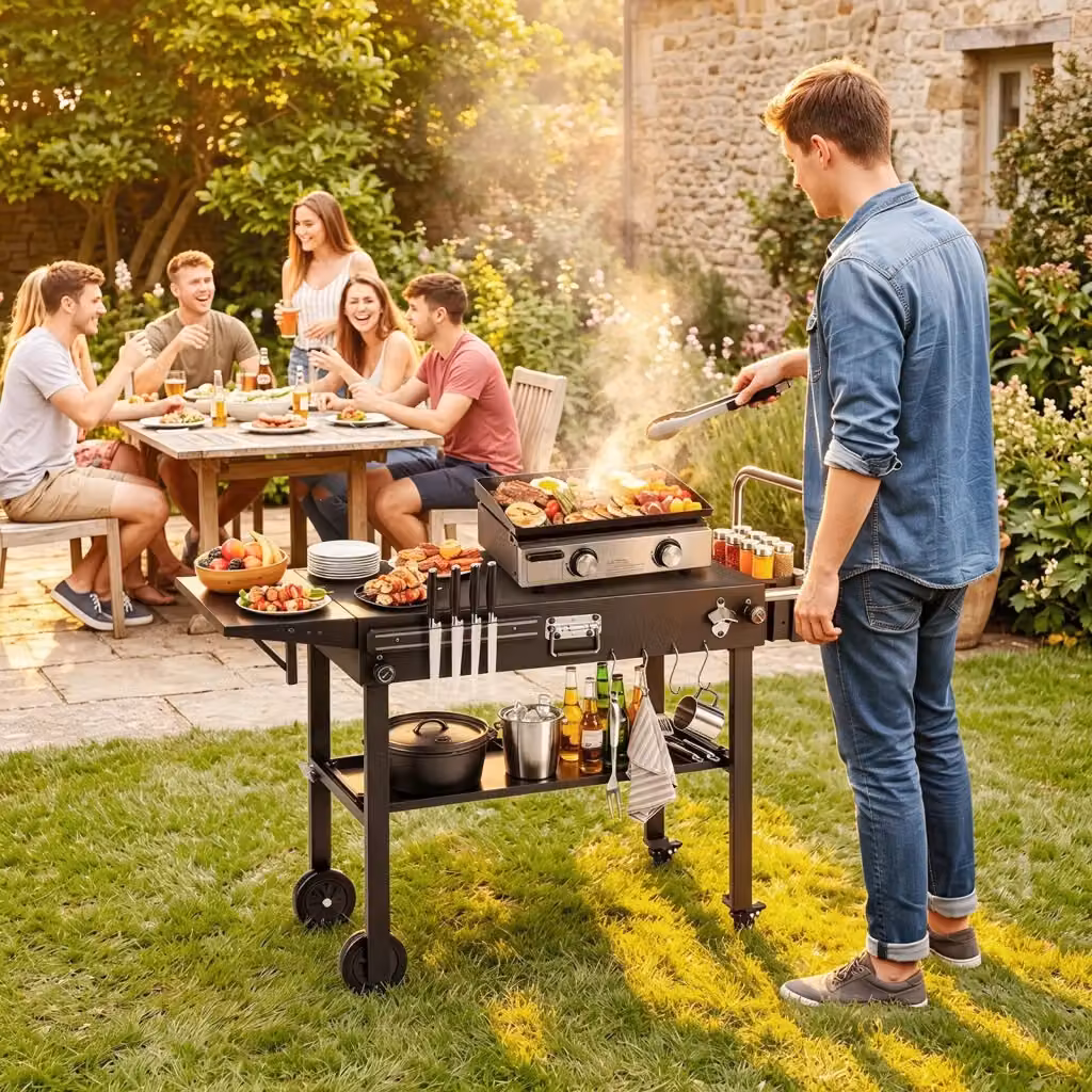 Carrello barbecue pieghevole nero con 4 ruote, portaspezie, magnete, apribottiglie e ganci per giardino L/P/H: 118 x 88 x 43 cm – 2