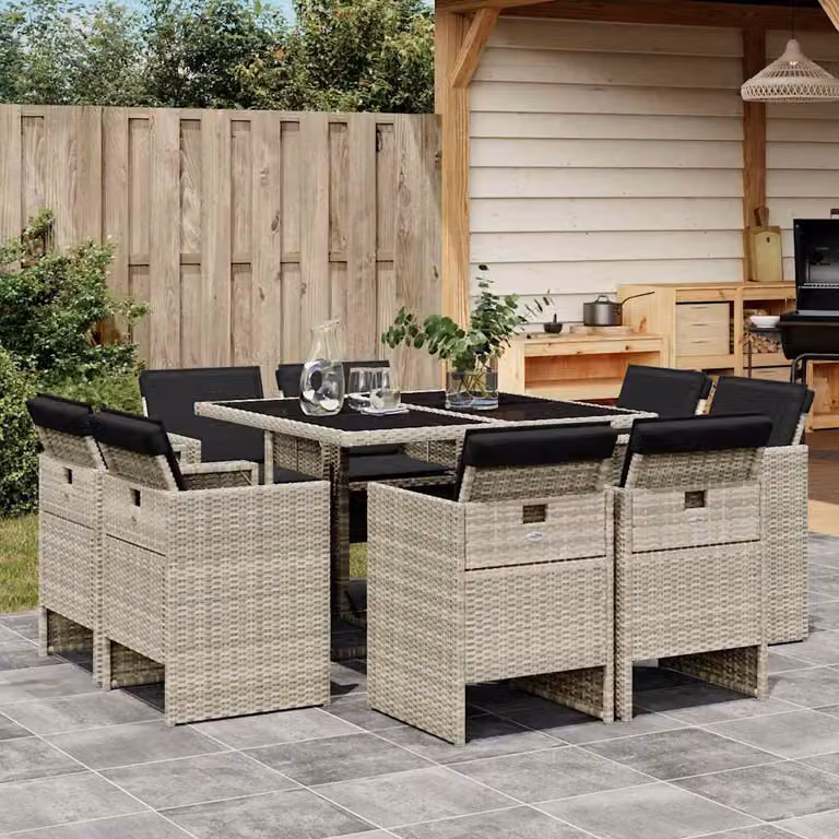 Set da pranzo da giardino vidaXL in polyrattan con cuscini e piano in vetro, 9 pezzi, antracite