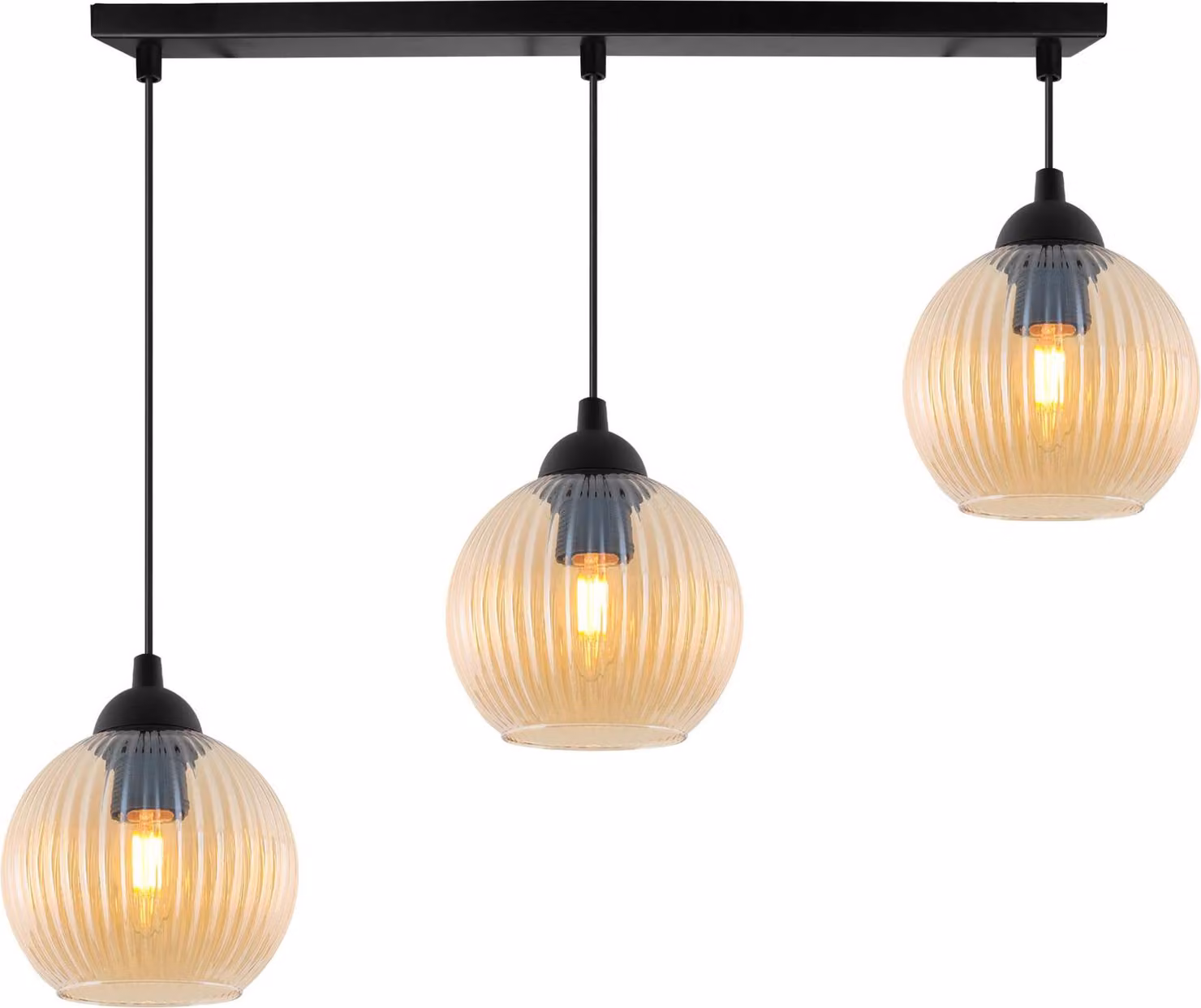 Lampada a sospensione RIFFLE nera a 3 luci con sfere in vetro color ambra, attacco E27