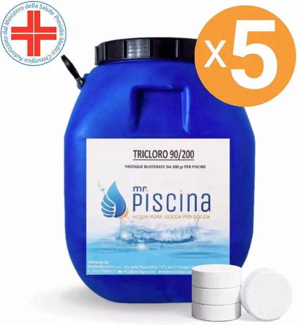 Triclore 90% Mrpiscina in pastiglie per la disinfezione della piscina, 200 g per confezione