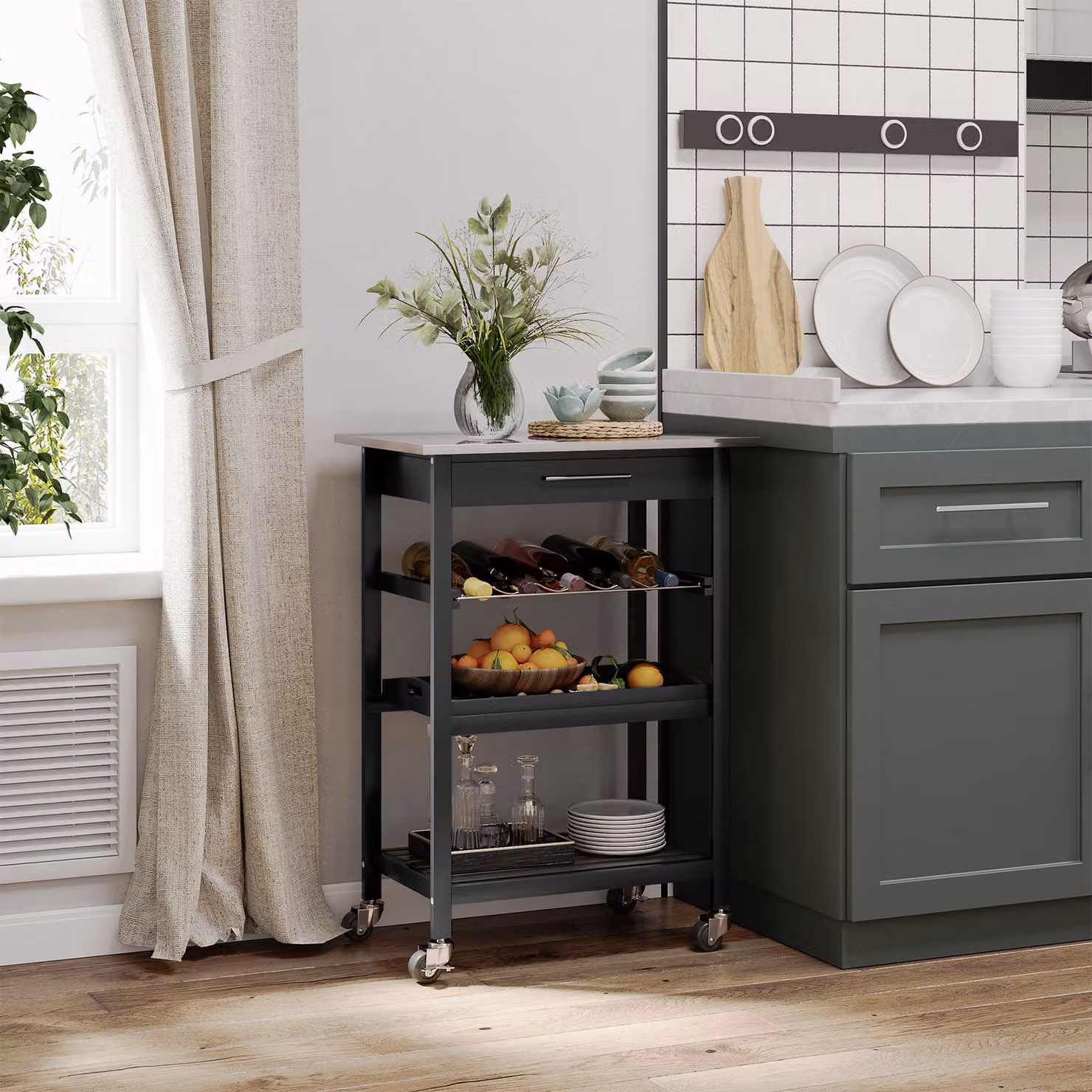 Carrello di servizio da cucina HOMCOM con ruote e mensola porta bottiglie in metallo nero, L: 60 cm, P: 40 cm, H: 85 cm – 2