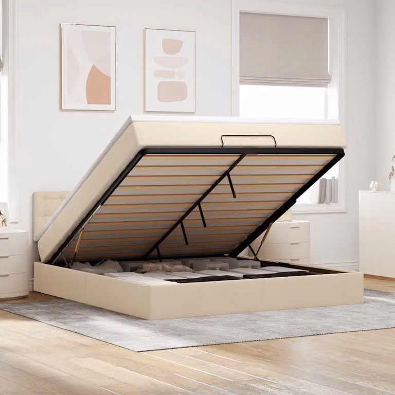 Letto con contenitore e materasso vidaXL in tessuto beige e bianco, dotato di base a sollevamento, illuminazione sottostante e porte di ricarica USB, L/P/H: 160 x 200 x 88 cm