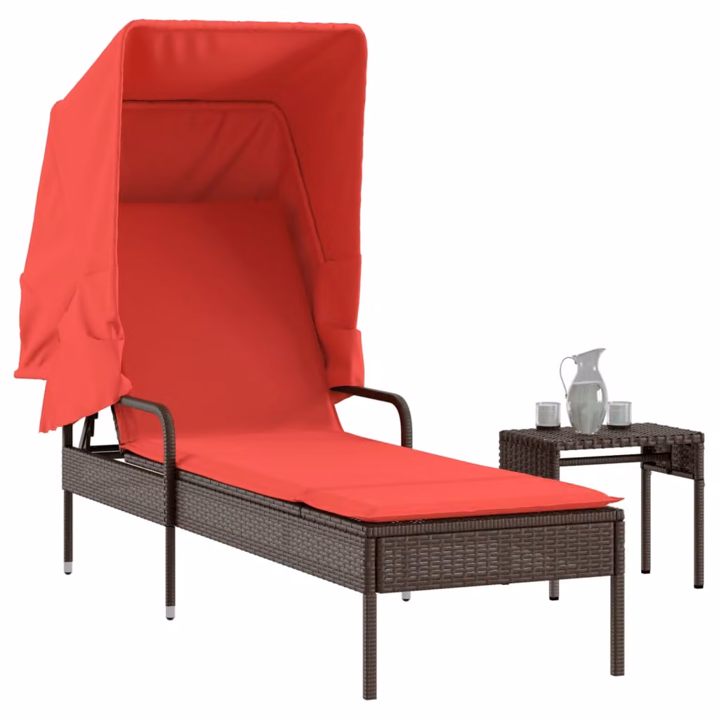 vidaXL Lettino prendisole con tettuccio e tavolino in polyrattan marrone e rosso