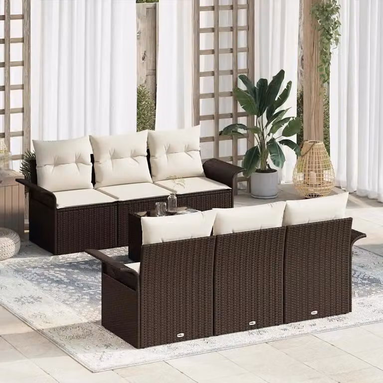 Set Divano da Giardino vidaXL 7 Pezzi Marrone con Cuscini in Polyrattan e Tavolino in Vetro