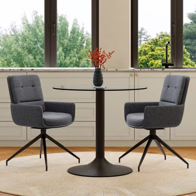 Set tavolo e sedie con tavolo rotondo e 2 sedie girevoli per sala da pranzo, in vetro, metallo e tessuto nero e grigio scuro