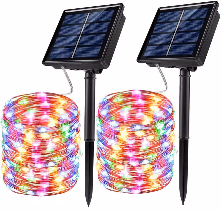 Confezione da 2 catene luminose solari, 100 LED, 9 metri, 8 modalità, filo di rame, multicolore
