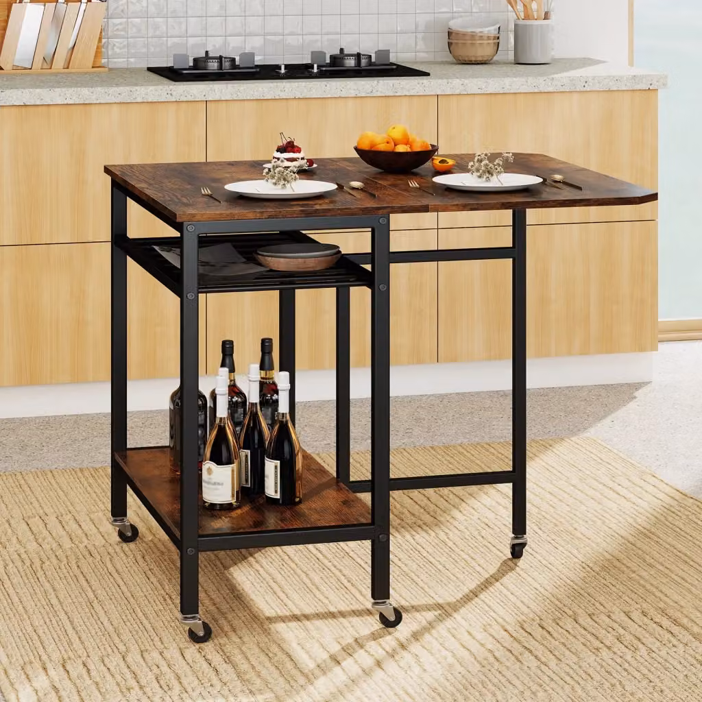 Tavolo pieghevole con piano a farfalla e ripiani portaoggetti in stile industriale, colore marrone, con ruote bloccabili per cucina e soggiorno, L/P/H: 120 x 80 x 75 cm – 2