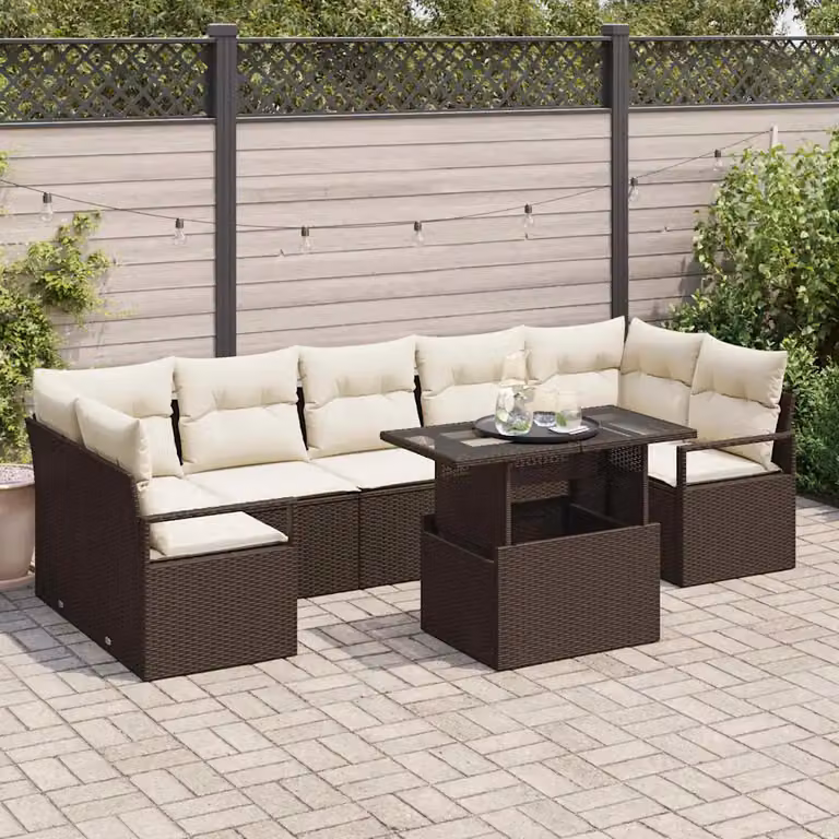 Set Divano da Giardino vidaXL 8 Pezzi a Forma di U Marrone e Beige con Tavolino e Cuscini in Polyrattan e Acciaio