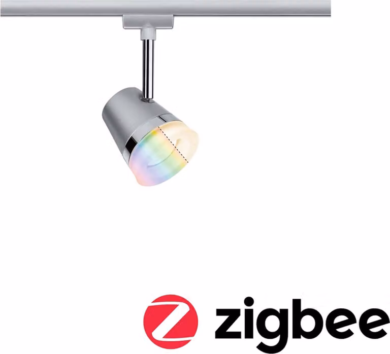 URail Faretti a binario Smart Home Zigbee 3.0, modello conico, singolo faretto completo di sorgente luminosa RGBW GU10, 350 lumen, 5,5W, RGBW con dimmerazione, 230V, finitura cromata opaca