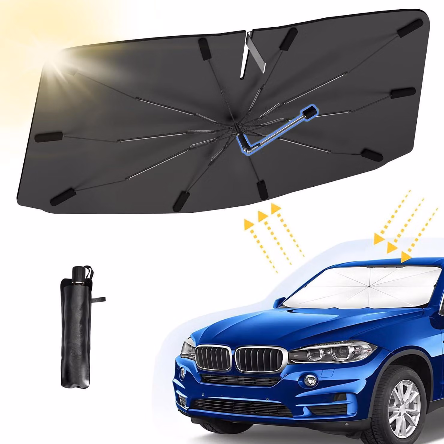 Parabrezza di protezione solare per auto, ruotabile a 360°, protezione UV, nero-acciaio
