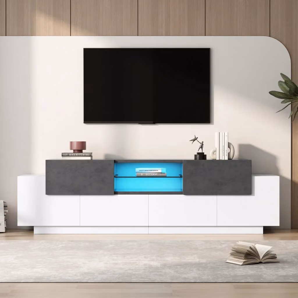 Mobile TV moderno WISHDOR con illuminazione RGB, ripiani in vetro e finitura opaca, colore bianco e grigio, L: 180 cm, P: 40 cm, H: 45 cm – 2