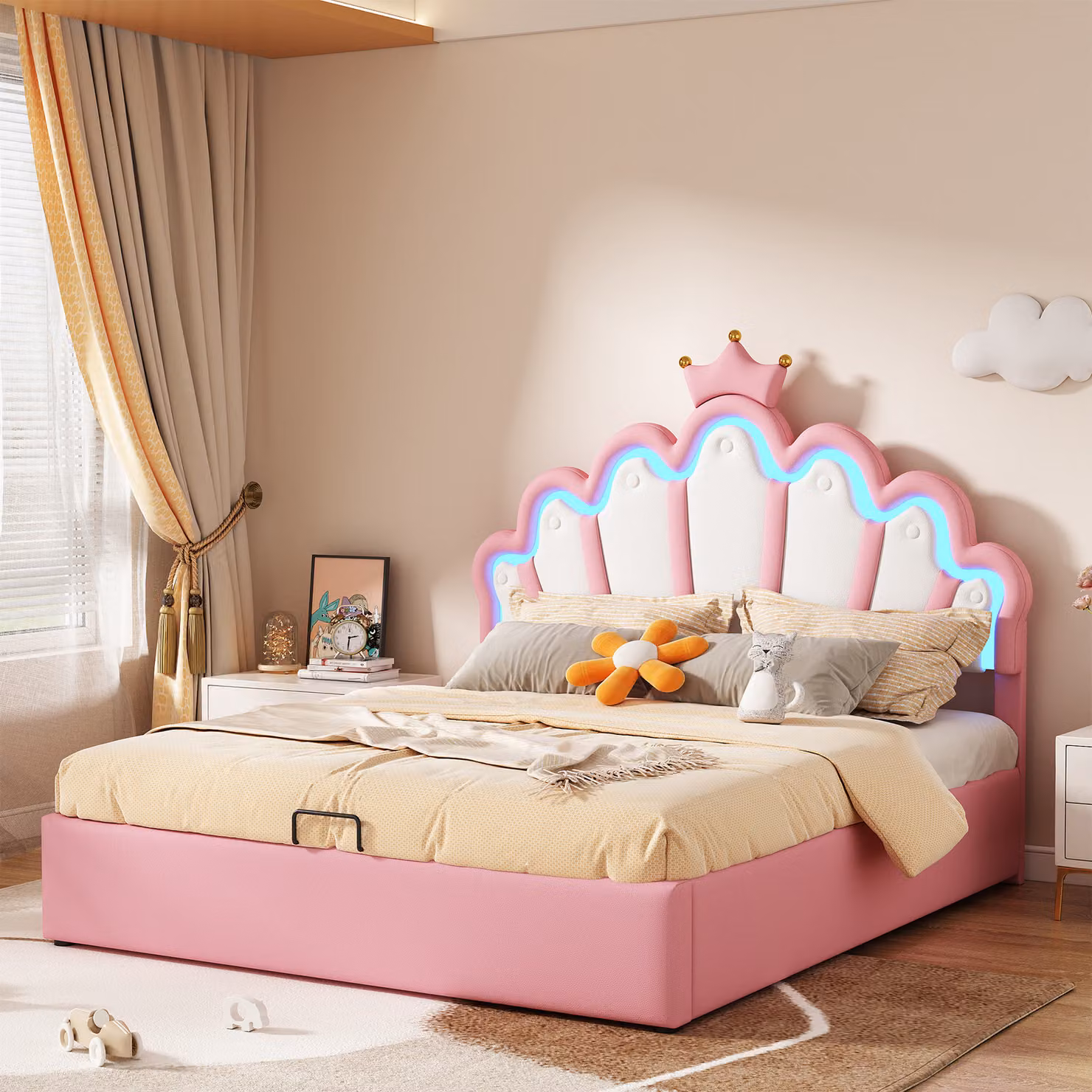 Letto imbottito STILVORA 140x200cm letto idraulico per bambini letto per ragazzi con rete e testata a , illuminazione ambiente regolabile, rosa (senza materasso)