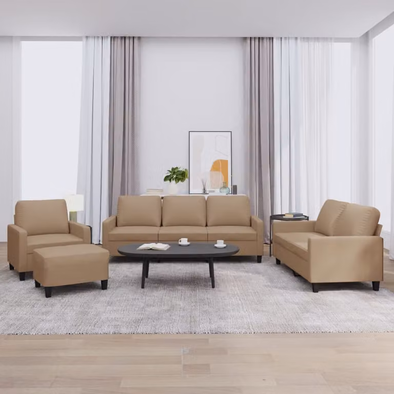 Set di divani vidaXL 4 pezzi in similpelle beige e marrone con cuscini e pouf per soggiorno moderno