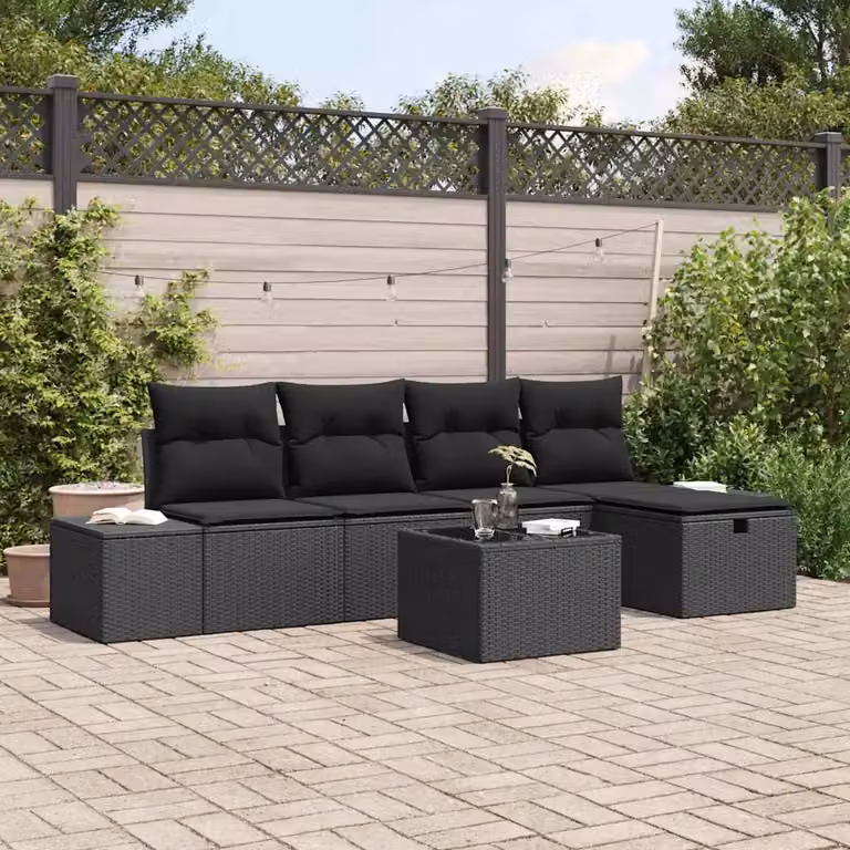 Set Divano da Giardino vidaXL 6 Pezzi in Polyrattan Nero con Cuscini e Tavolino