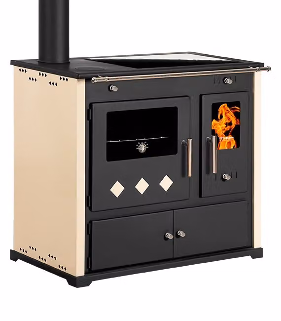 Cucina a legna Practik Lux Eco Ivory – 9,5 kW, con forno e piano cottura in Vetroceramica, apertura a sinistra – Classe A+