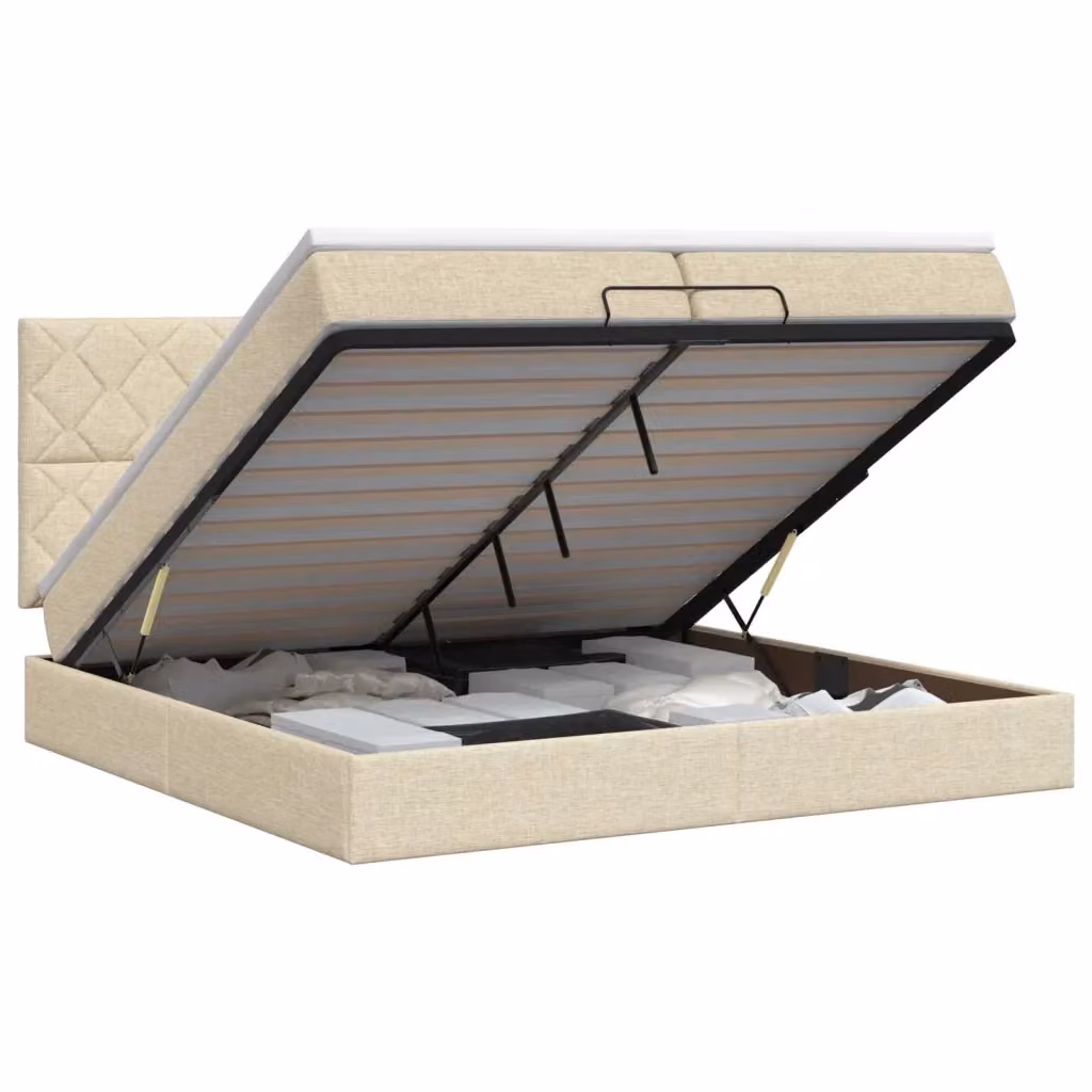 Letto matrimoniale con contenitore a sollevamento vidaXL in tessuto beige e bianco L/P/H: 200 x 200 x 88 cm – 2