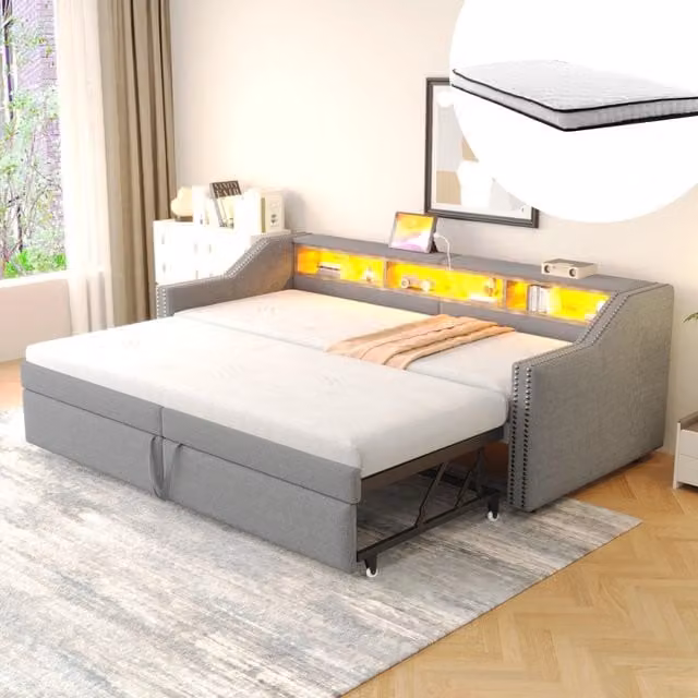 Divano letto estraibile 90 × 200 e 180 × 200 cm con LED, USB e 3 vani, due materassi a molle inclusi, grigio chiaro