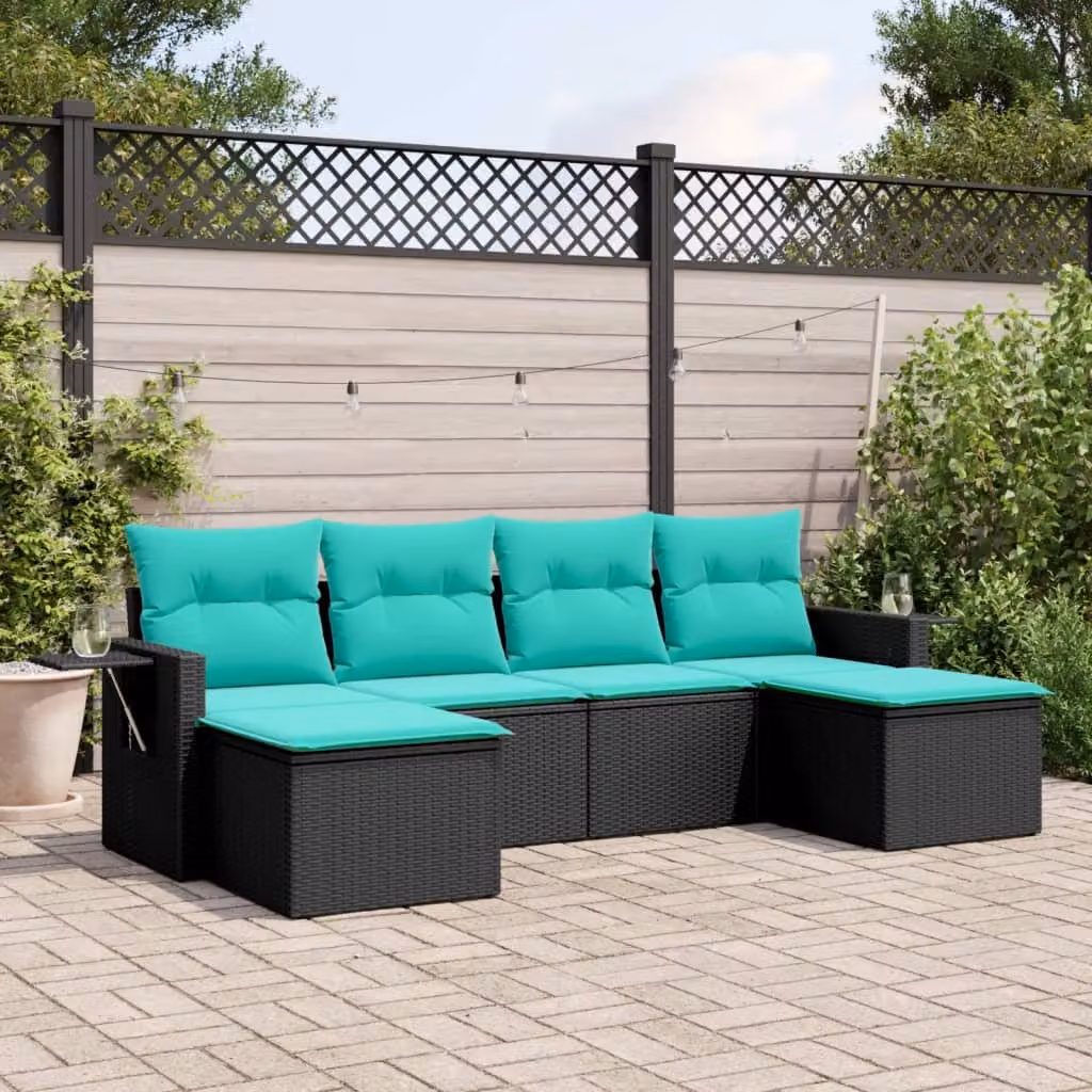 Set di divani da giardino vidaXL in polyrattan nero con cuscini, componibile a L per esterno