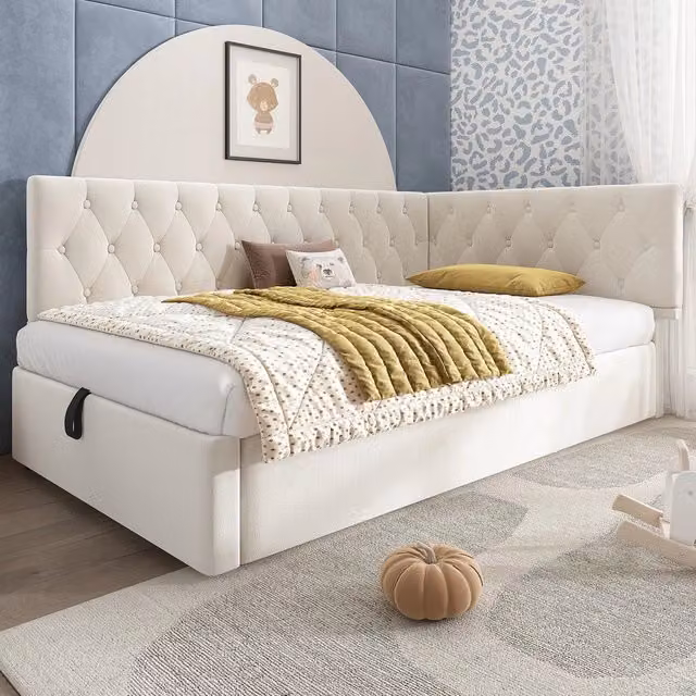 Letto Imbottito Contenitore con Rete a Doghe ¨C MINIMAL ¨C Velluto Beige 90x190