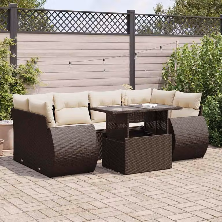 Set di divani da giardino vidaXL 7 pz a forma di U in polyrattan marrone con cuscini e tavolino da esterno