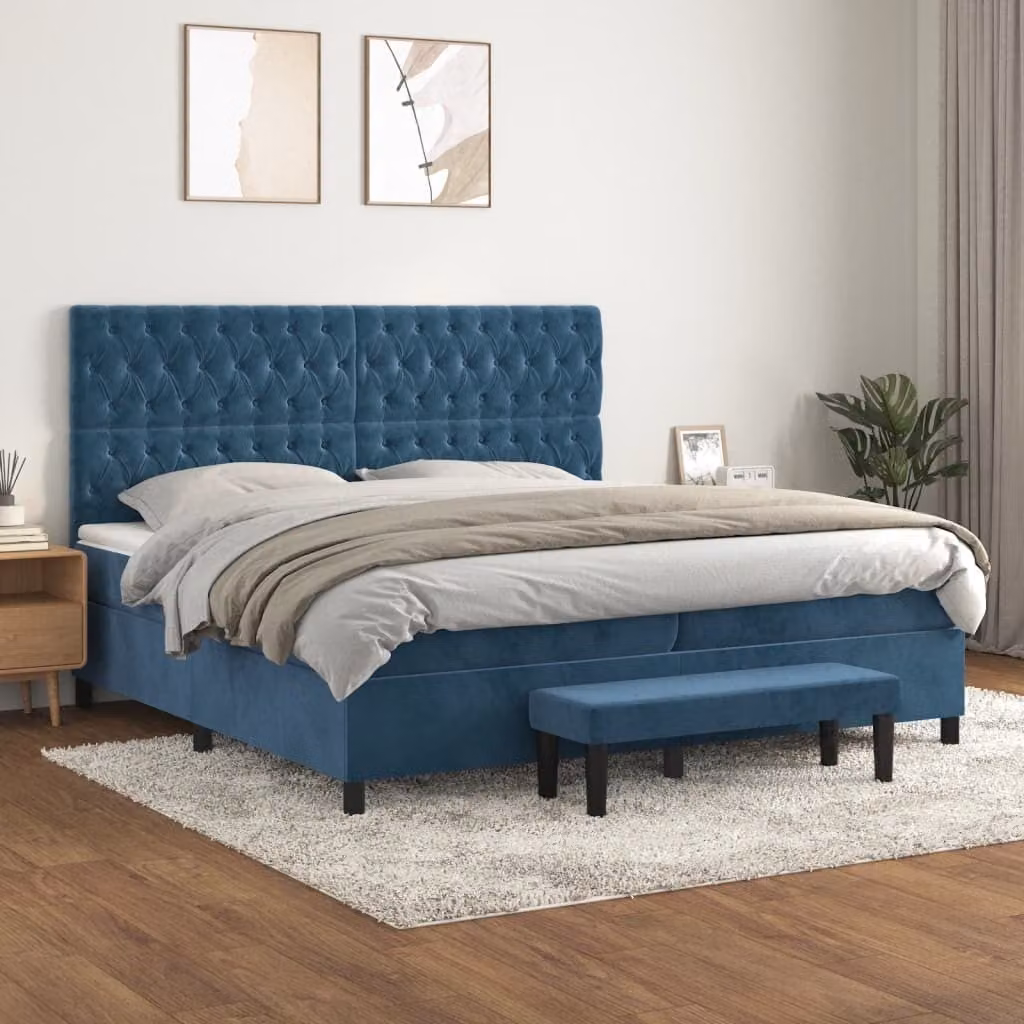 The Living Store Letto a molle con materasso blu scuro 200x200 cm in velluto