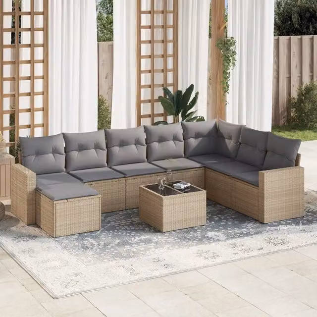 Set Divano da Giardino 9 pz con Cuscini Beige in Polyrattan 3219359