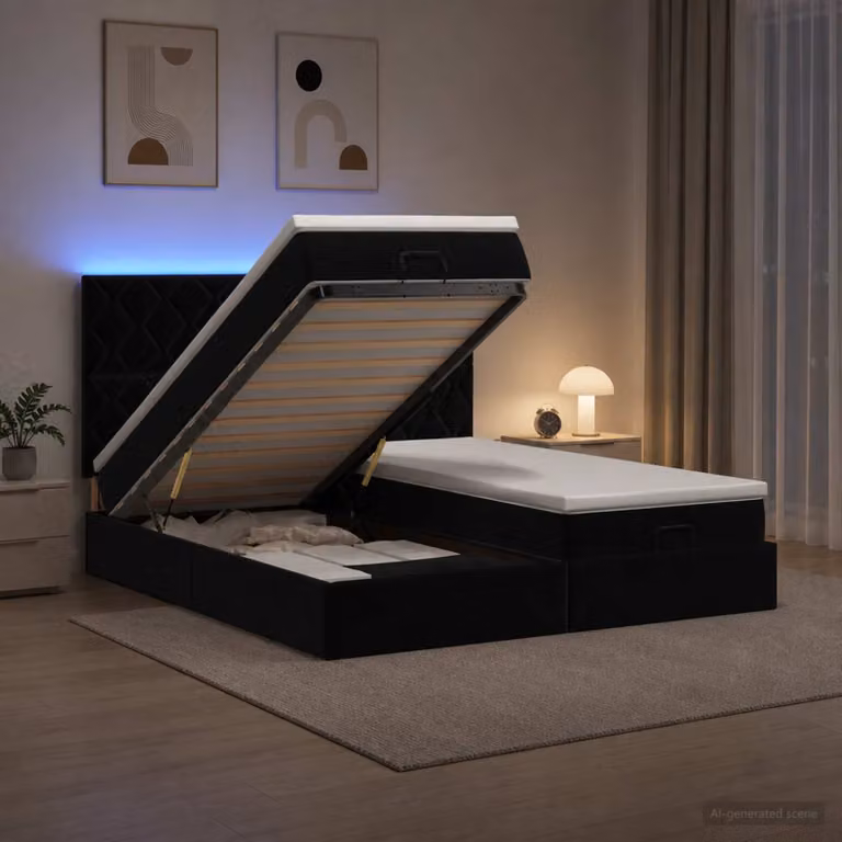 Letto Ottomano vidaXL in Velluto Nero con Materasso Ibrido, Illuminazione LED e Porte USB, L/P/H: 200 x 180 x 88 cm