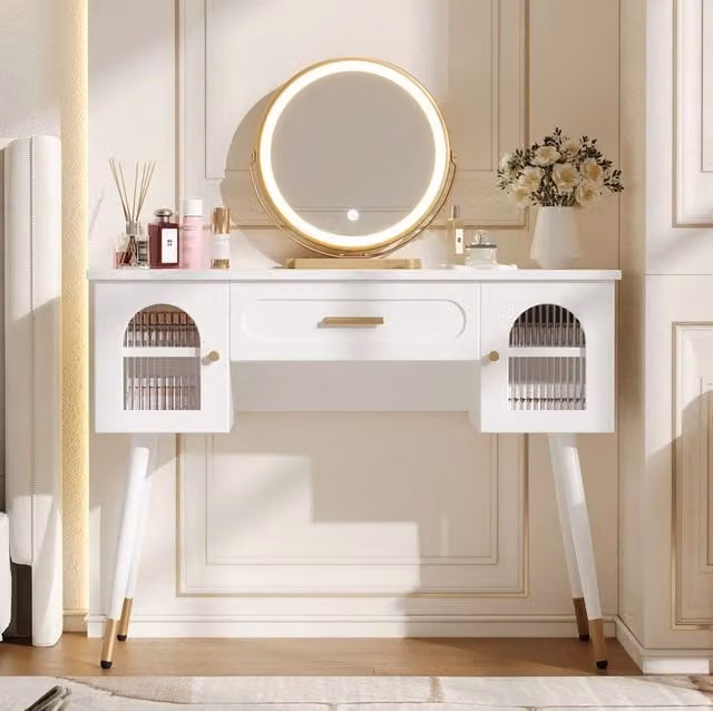 Toeletta trucco Hollywood con specchio LED MODFU, bianco e oro, L 100 x P 42 x H 112 cm