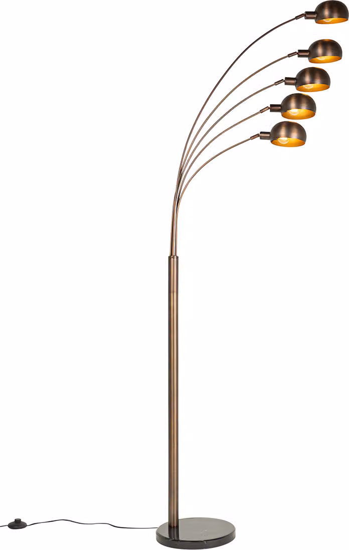 Lampada da terra di design in bronzo scuro con 5 luci dorate, modello Sixties Marmo