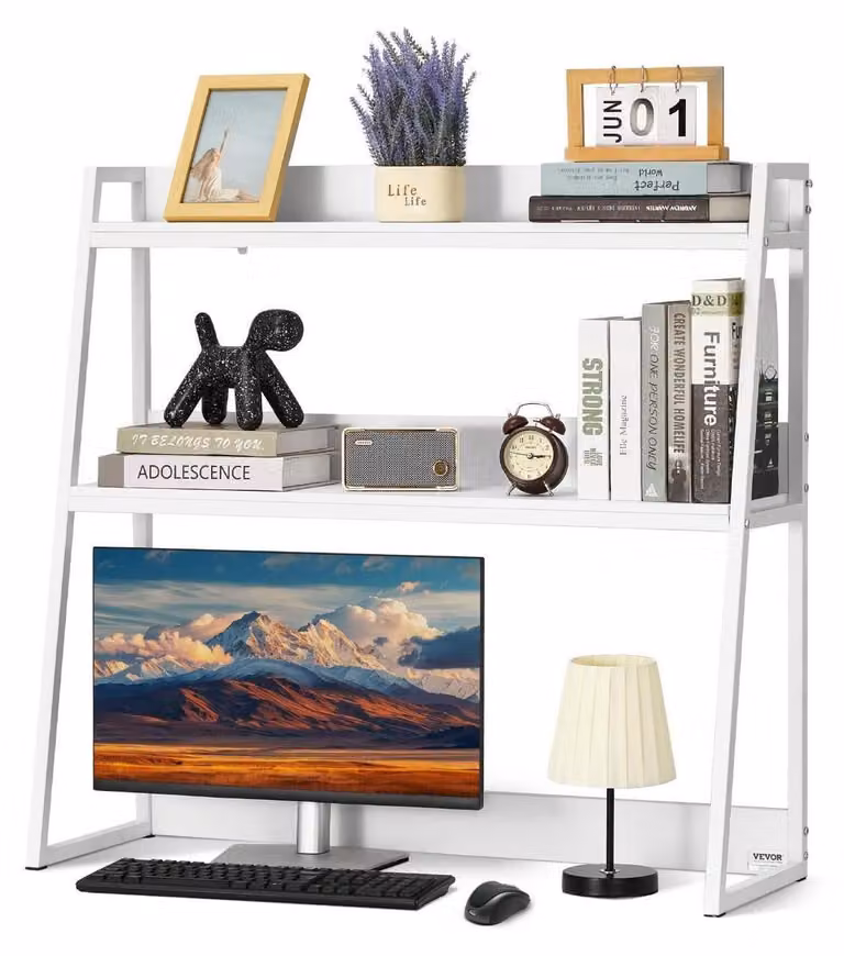 Libreria da scrivania, organizer a 2 livelli, 95 x 32 x 90 cm, colore bianco, realizzata in pannello di particelle di legno
