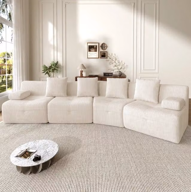 Divano modulare 4 posti in velluto a coste con 4 moduli separati 311x90x65 cm beige chiaro