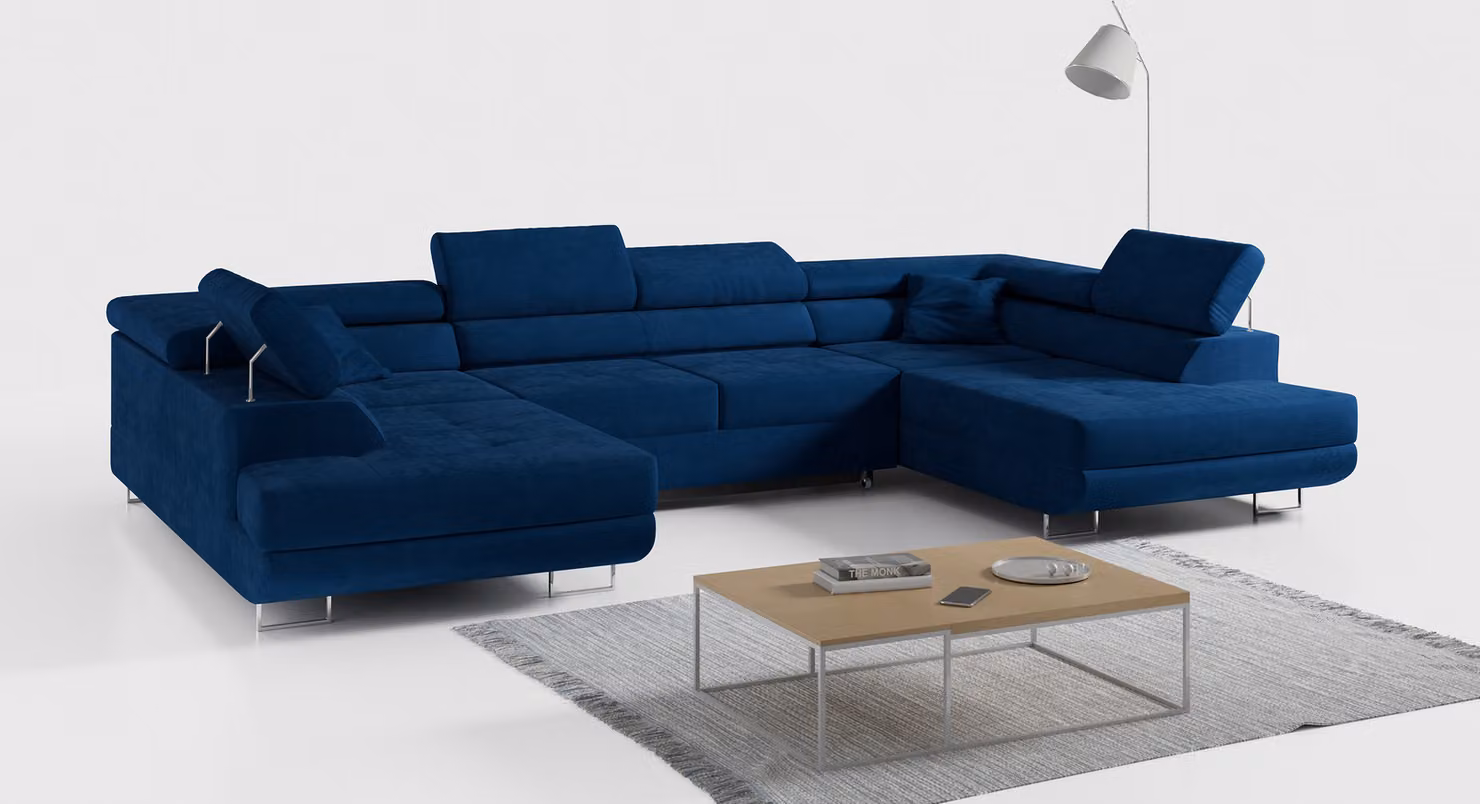 Divano ad angolo, divano da salotto, divano imbottito con contenitore - GUSTAW-U - Blu scuro