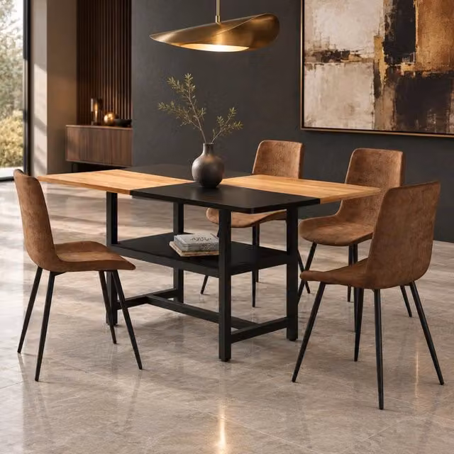 Set tavolo da pranzo rettangolare 160 cm con ripiano e 4 sedie in tessuto tecnico marrone